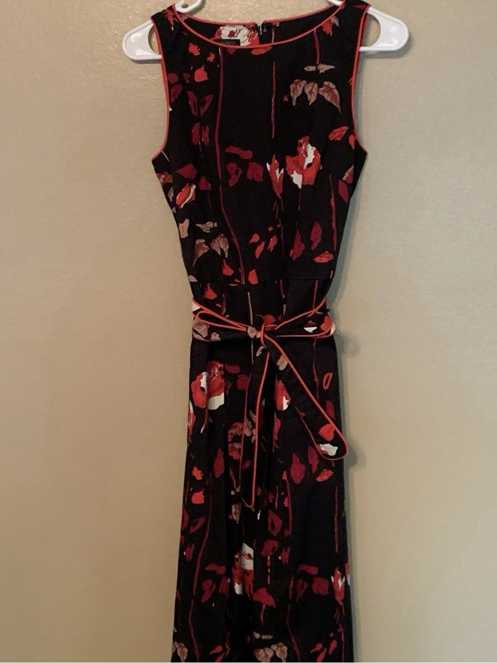 Talbots Black Floral Sleeveless Belted Midi Dress
